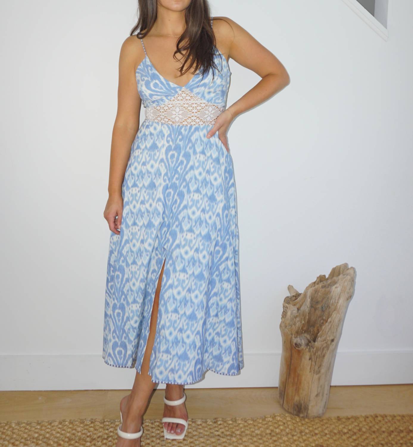 NIBI MTK Isabella Dress in faded blue ikat - women's dress - detail view