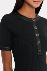Milly - Leather Detail Flare Knit Mini Dress