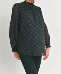 Hello Miz - Smocked Mock Neck Polka Dot Maternity Top
