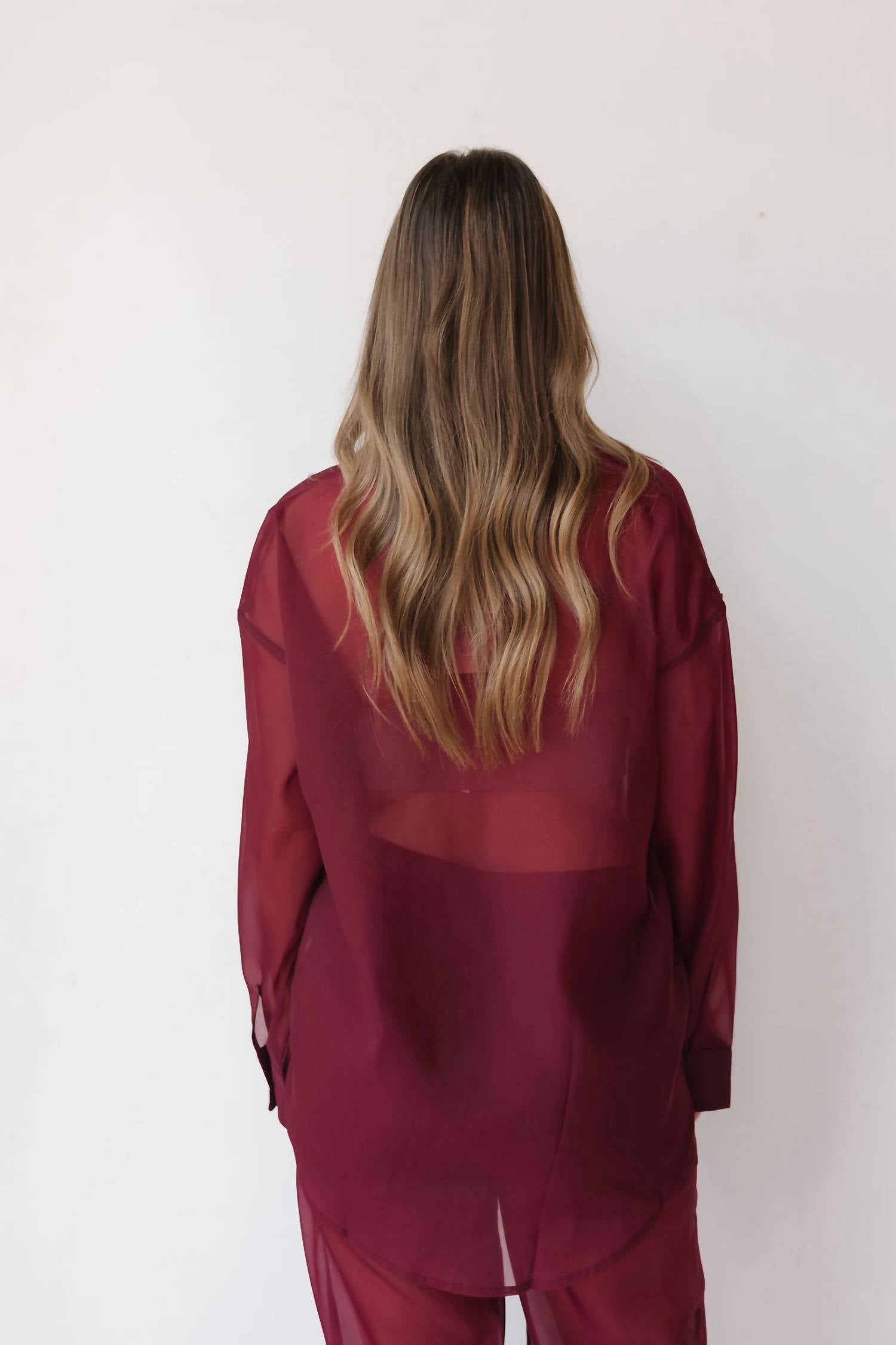 Mimosa Sheer Elegance Top in burgundy wine - women's long sleeve top - alternate view