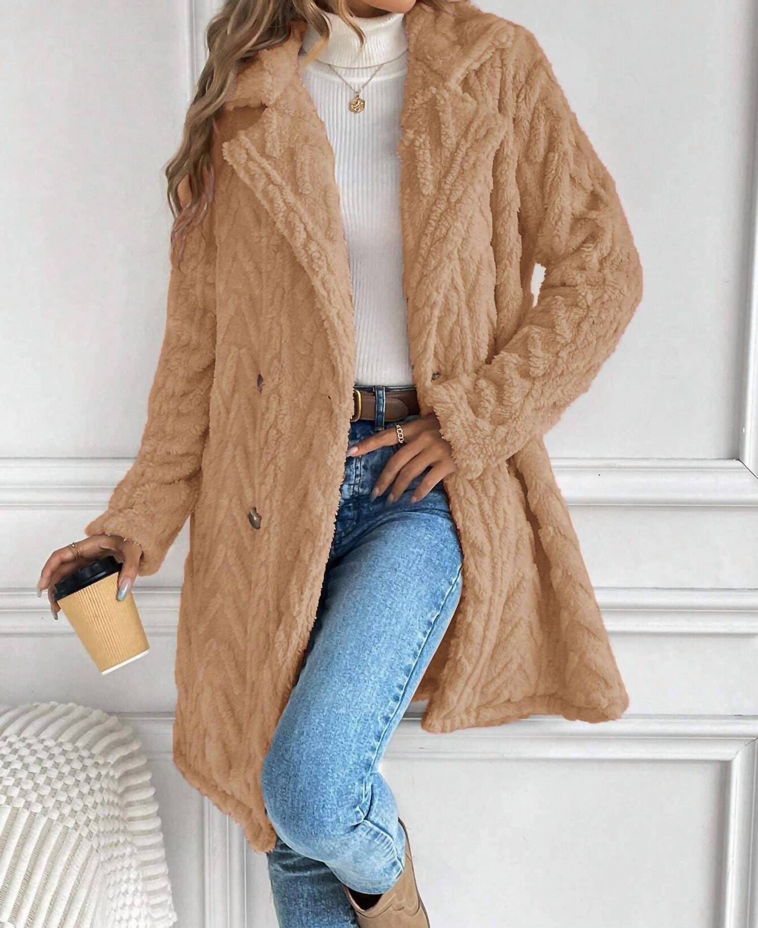 Miss Sparkling - Houndstooth Pattern Fleece Coat