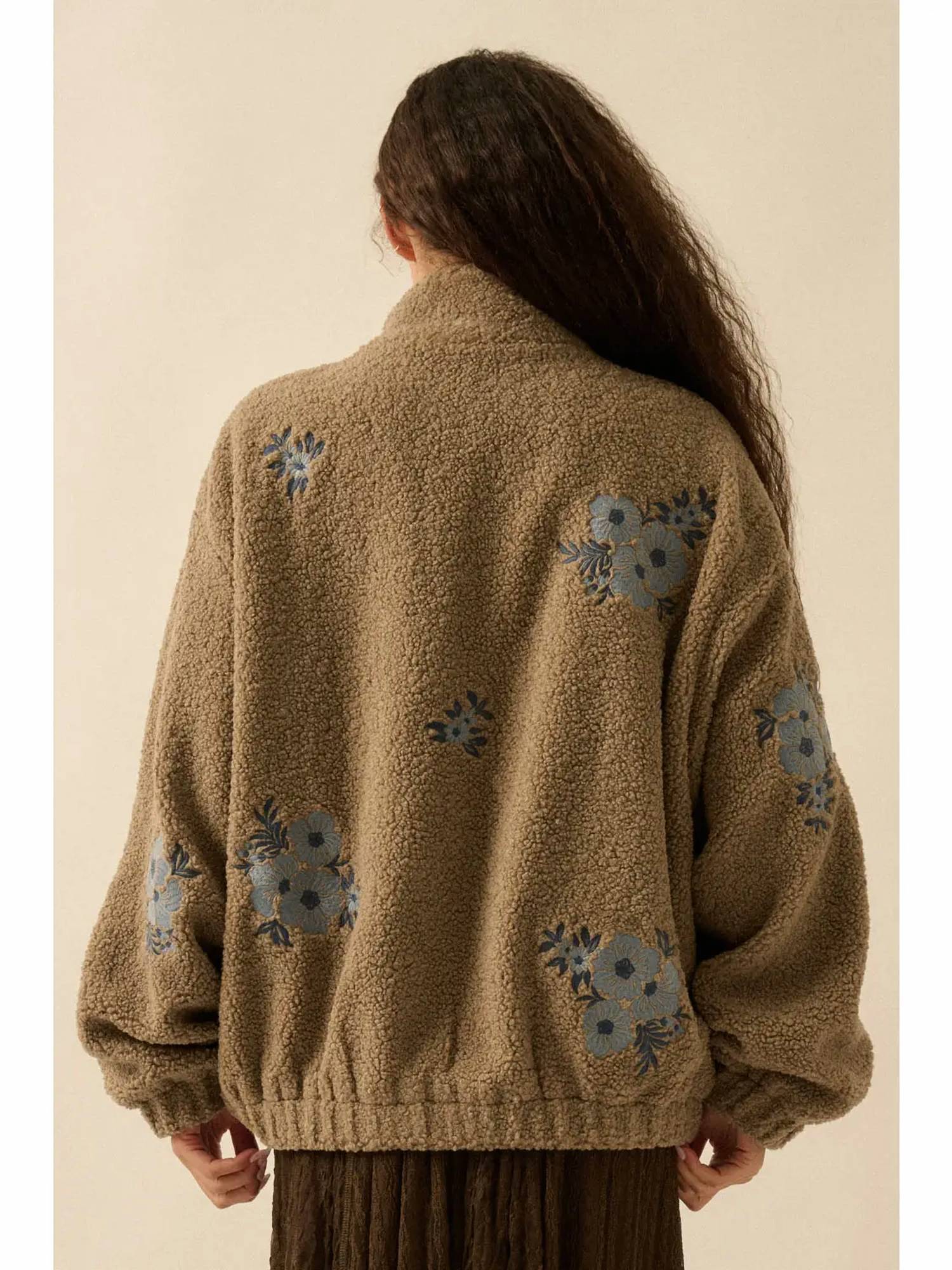 Promesa - Warm Blossoms Floral-embroidered Fleece Jacket