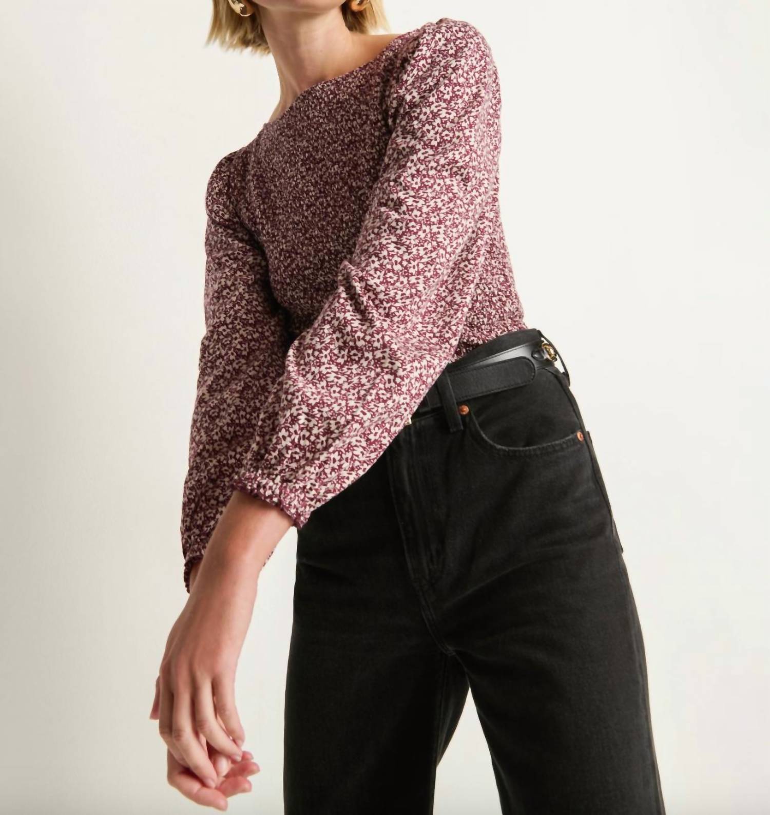 Nation LTD Aidan Smocked Top in winter floral 1 - women's long sleeve top - detail view
