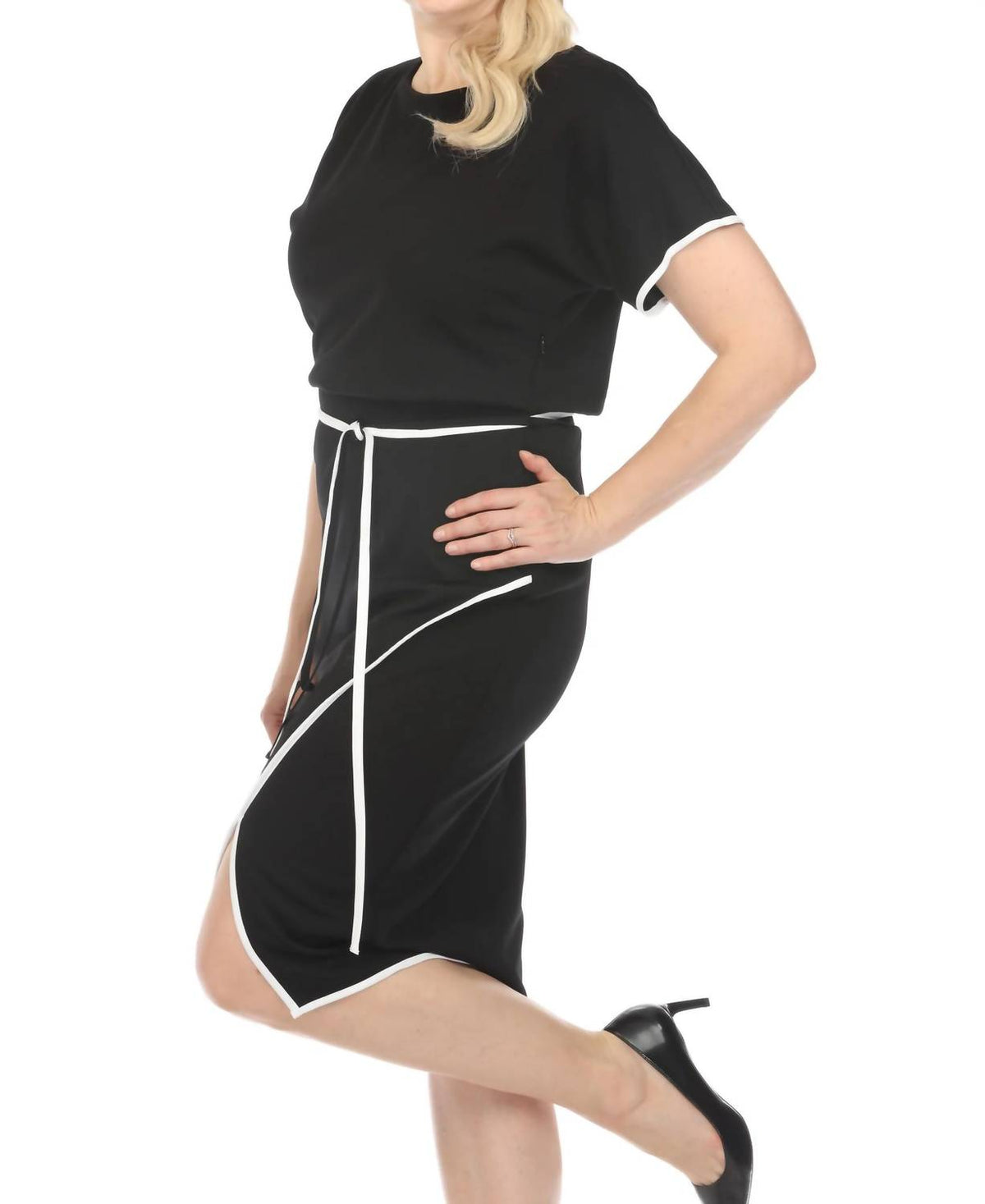 Joseph Ribkoff - Contrast Trim Waist Tie Front Slit Sheath Dress