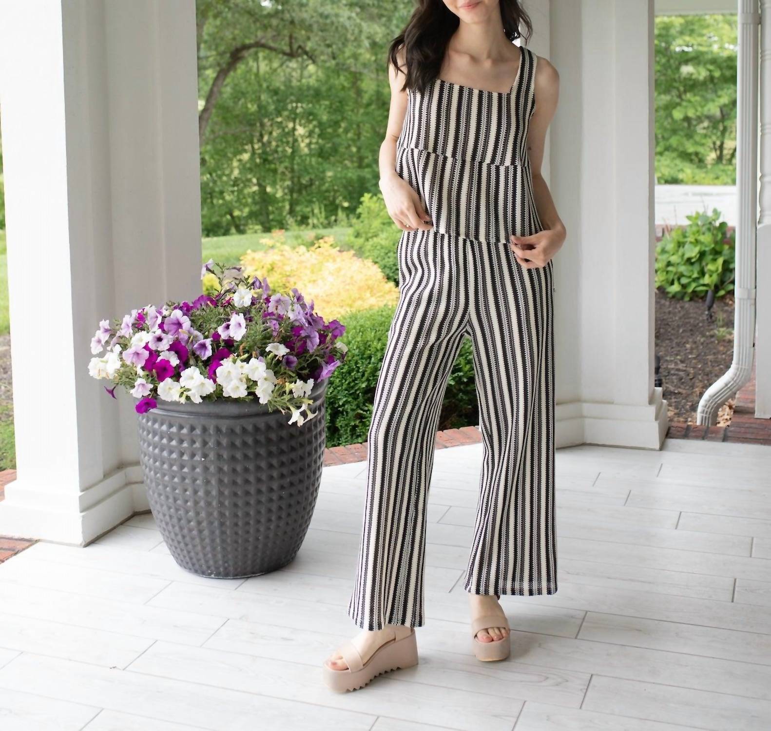 Baevely by Wellmade Striped Elegance Sleeveless Squareneck Two Piece Set in beige black - women's sleepwear