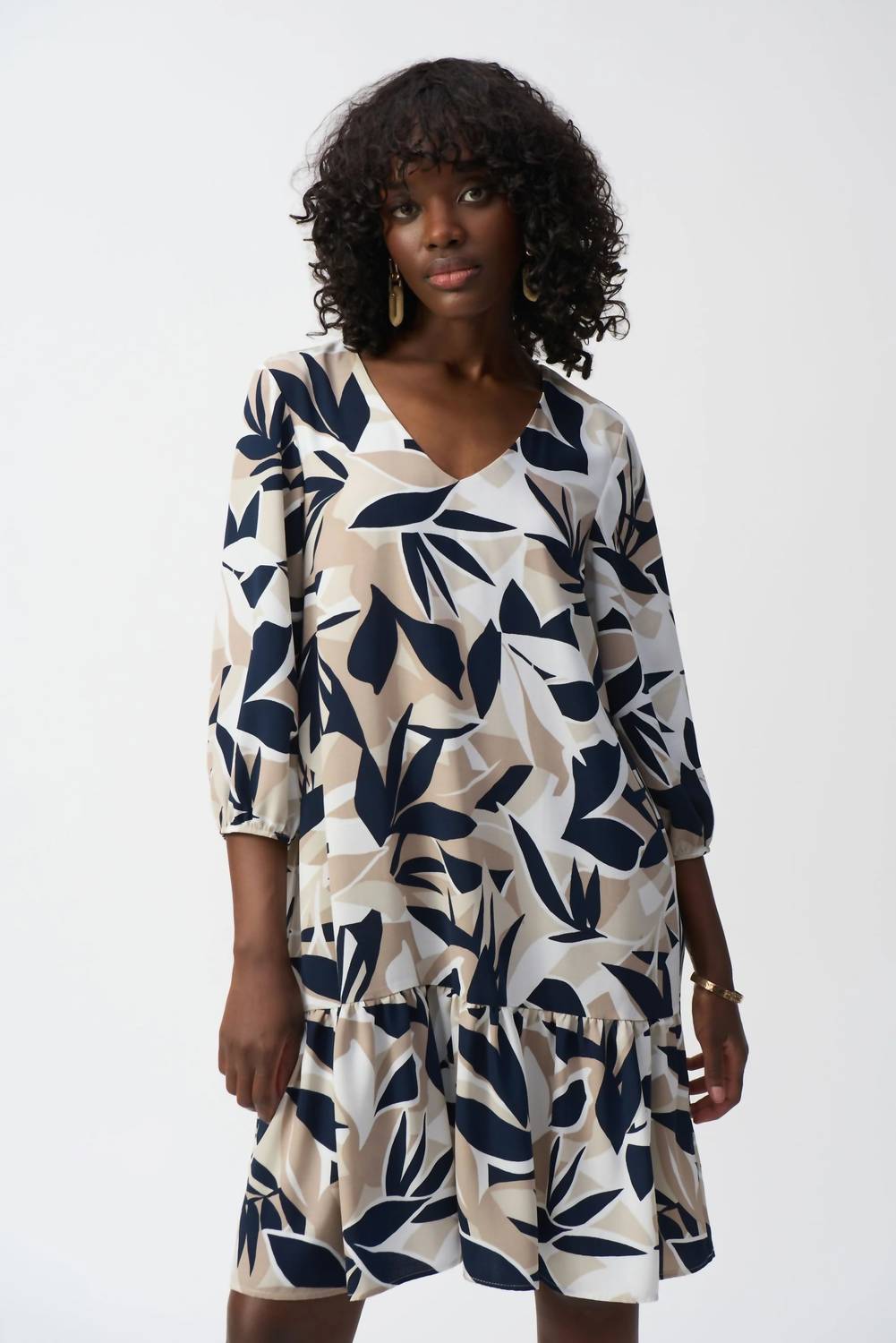 Joseph Ribkoff - Leaf Print Puff Sleeve Trapeze Dress