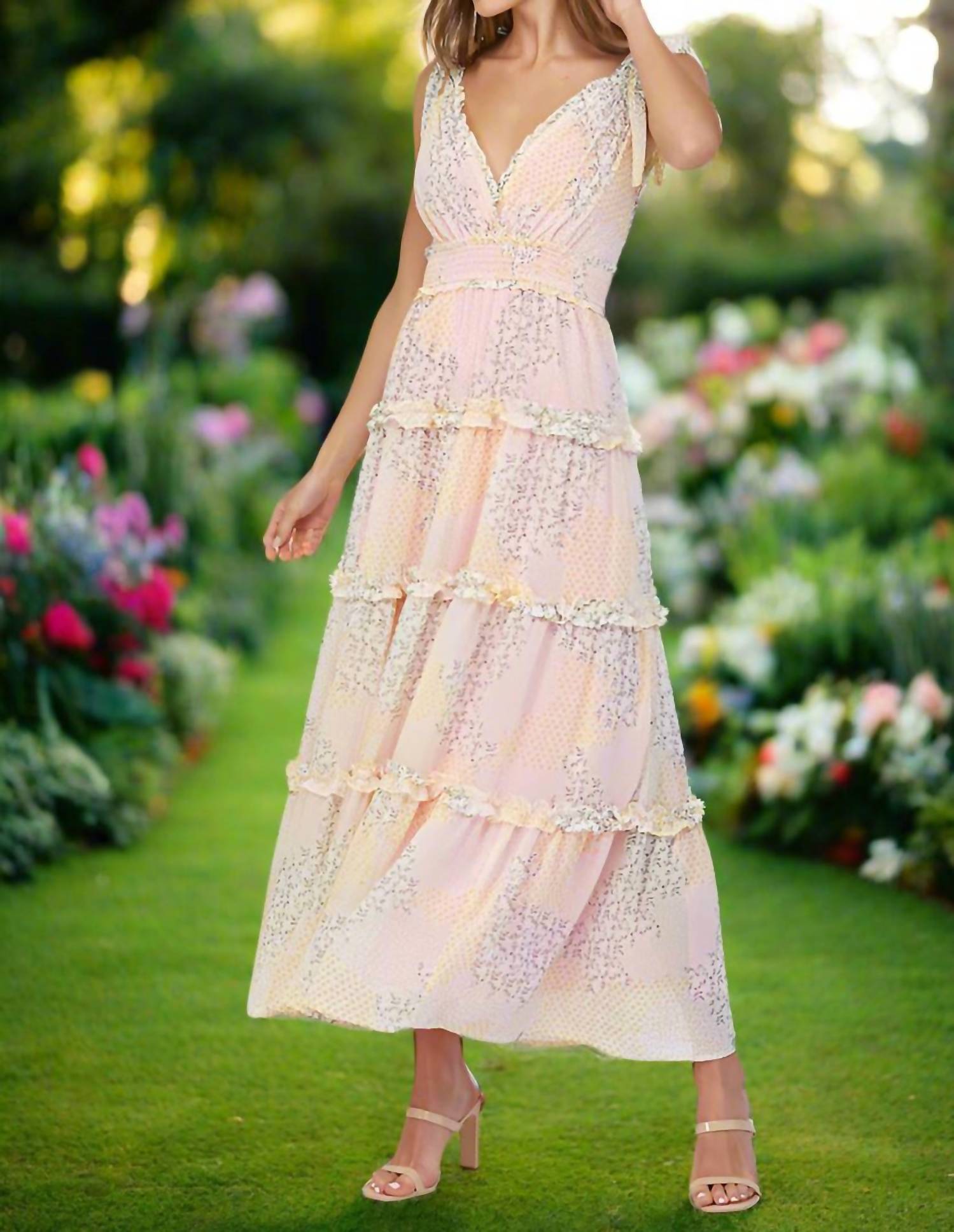 Fate Tiered Maxi Dress With Tie Straps in yellow multi floral patchwork - women's dress - view 5