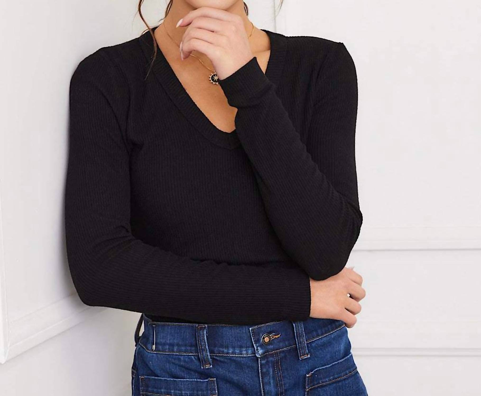 Karen Kane Long Sleeve Ribbed V-Neck Top - Petite in black - women's long sleeve top - view 5