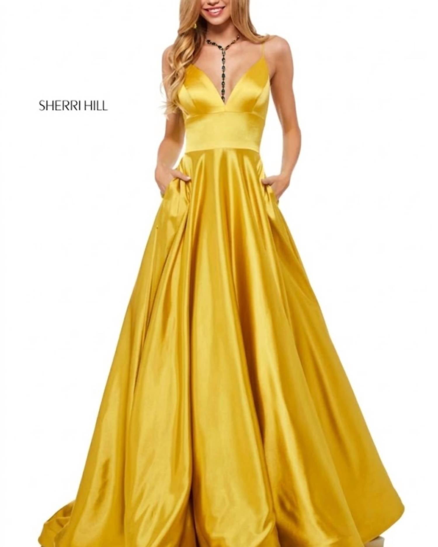 Sherri Hill V-neck Spaghetti Strap Dress in yellow - women's dress