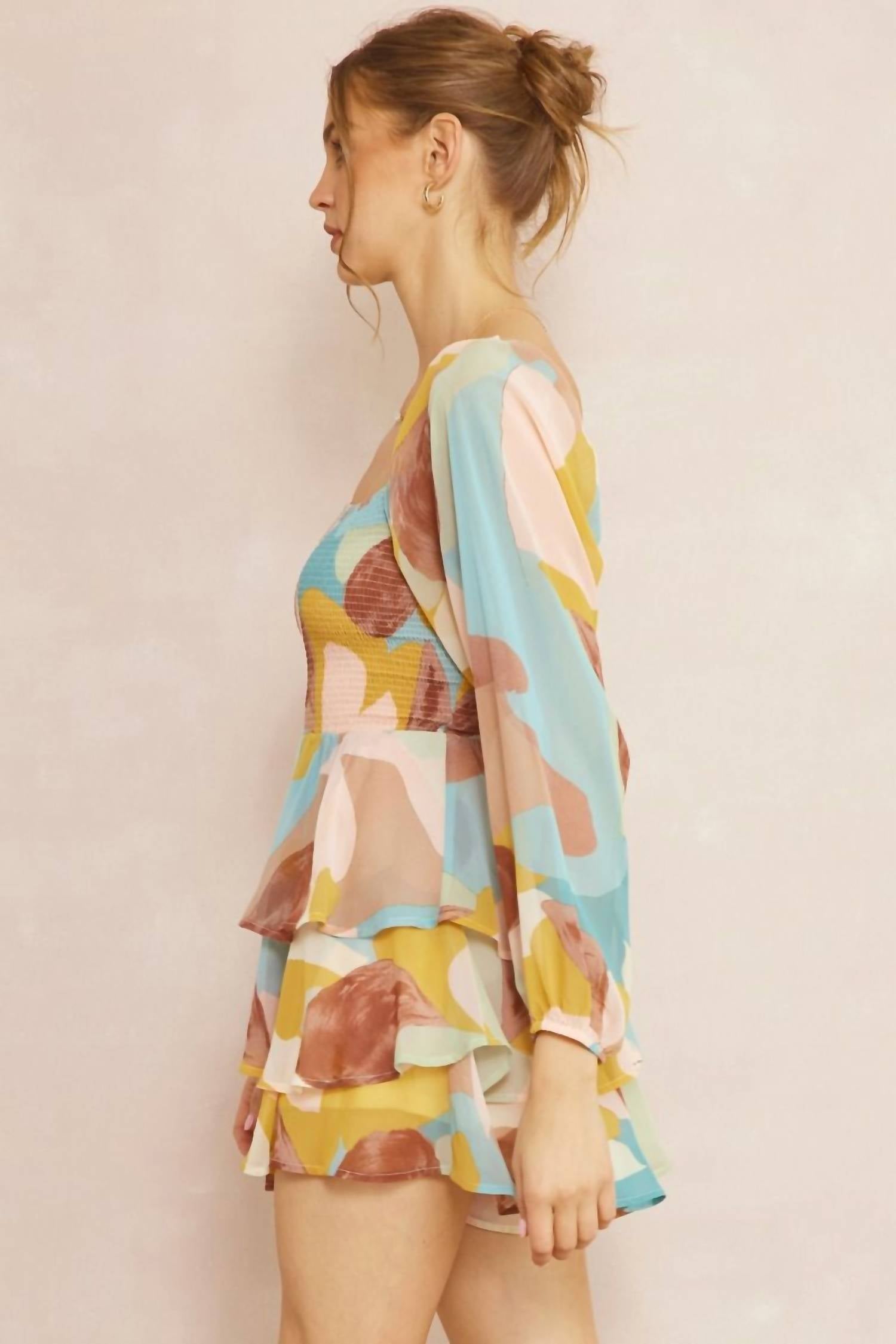 Entro - Printed Square Neck Tiered Romper