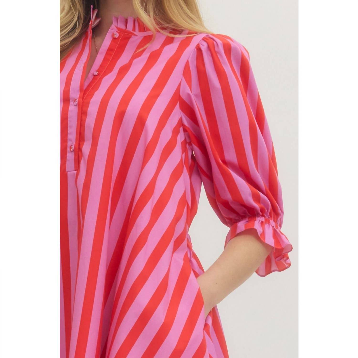 Style USA Striped Puff Sleeve Mini Dress in pink - women's dress - view 6