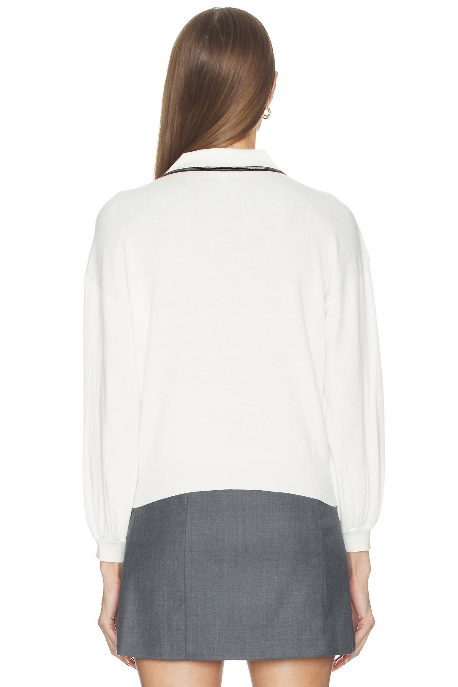 L'Agence Malaki 3/4 Sleeve Clard Sweater in ivory black - women's sweater - detail view