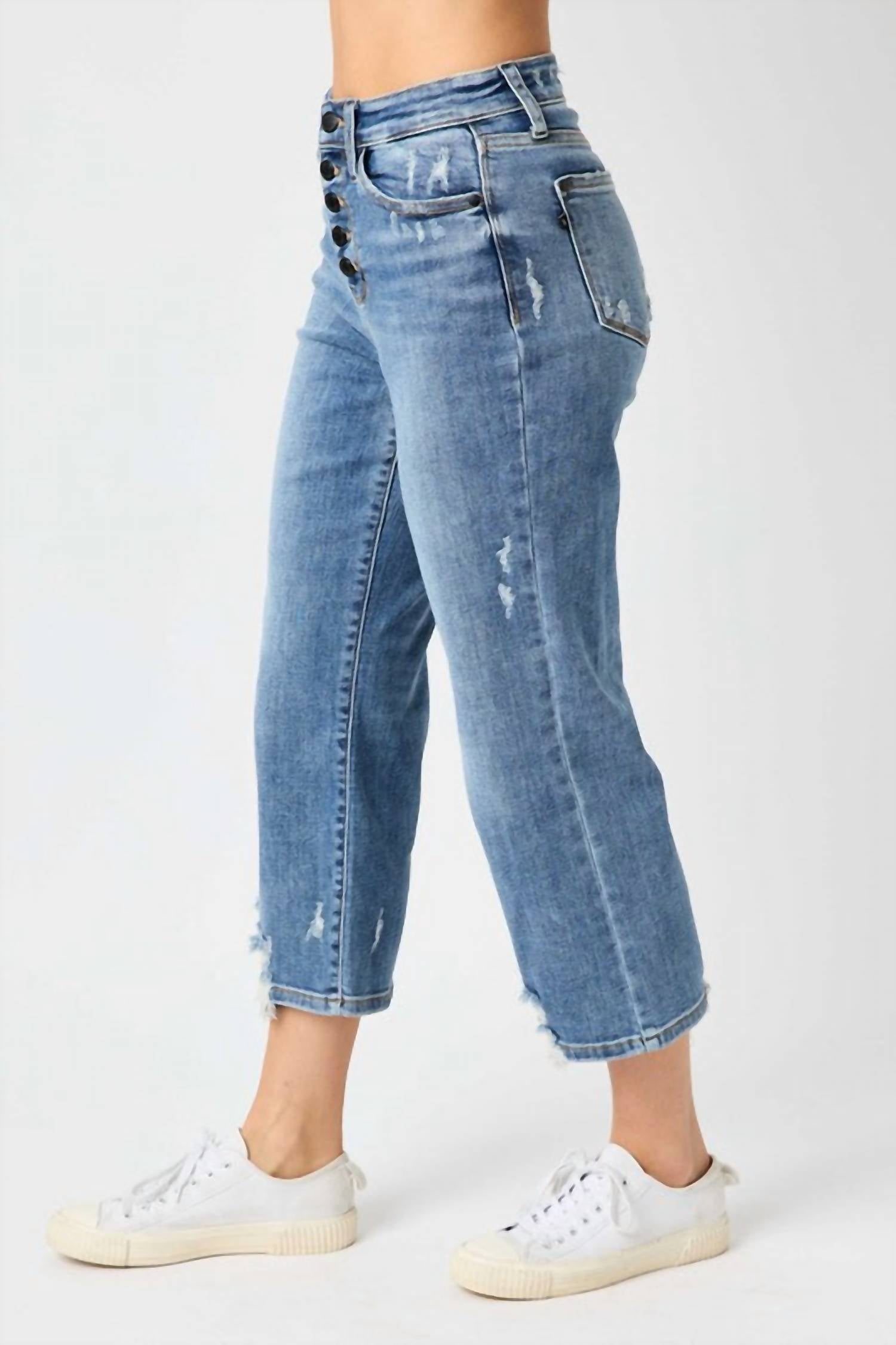 Judy Blue - High Waist Destroy Button Fly Wide Leg Crop Jeans