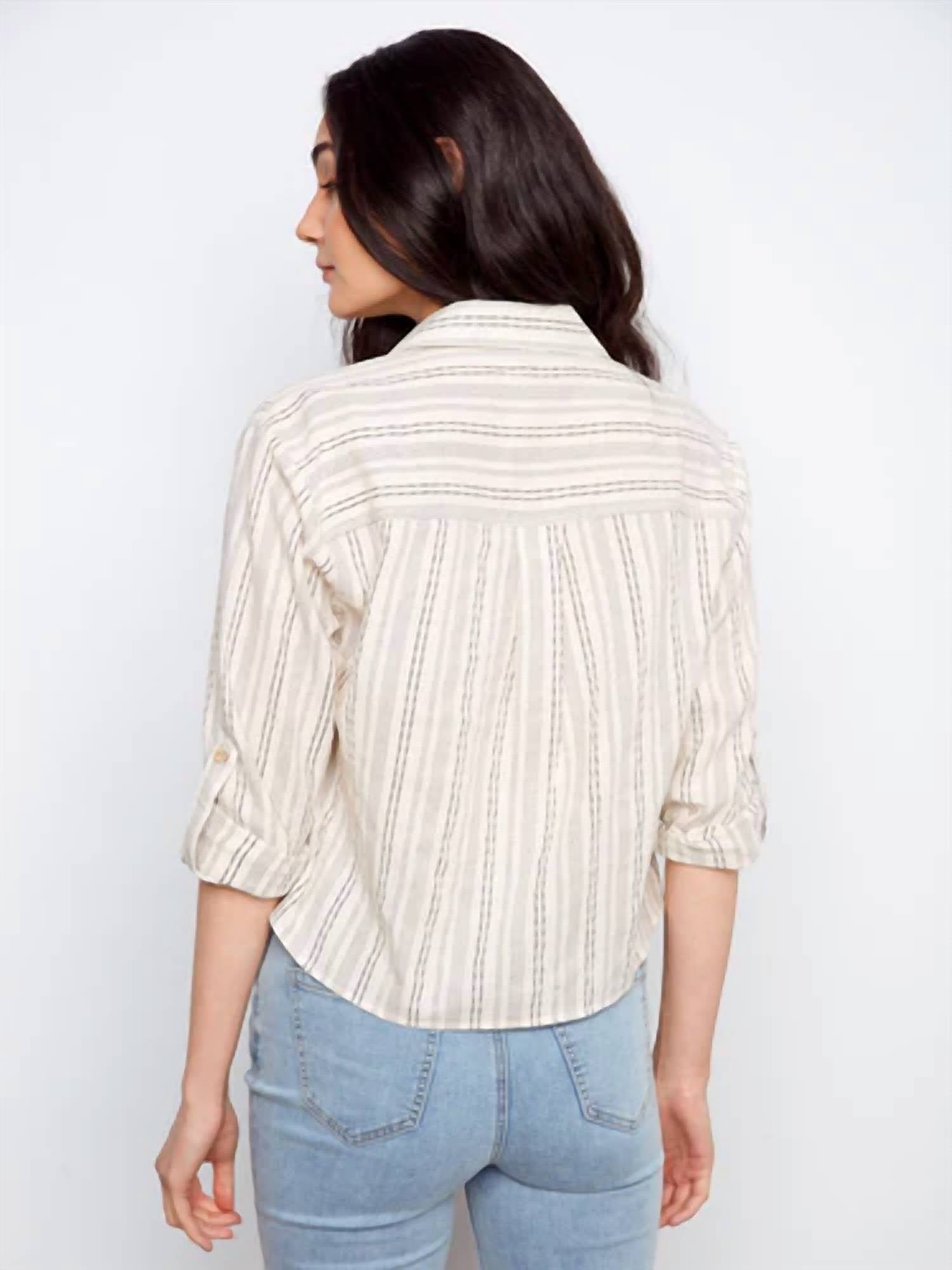 Charlie B - Yarn Dye Stripe Twist Front Shirt With Roll Up Long Sleeves