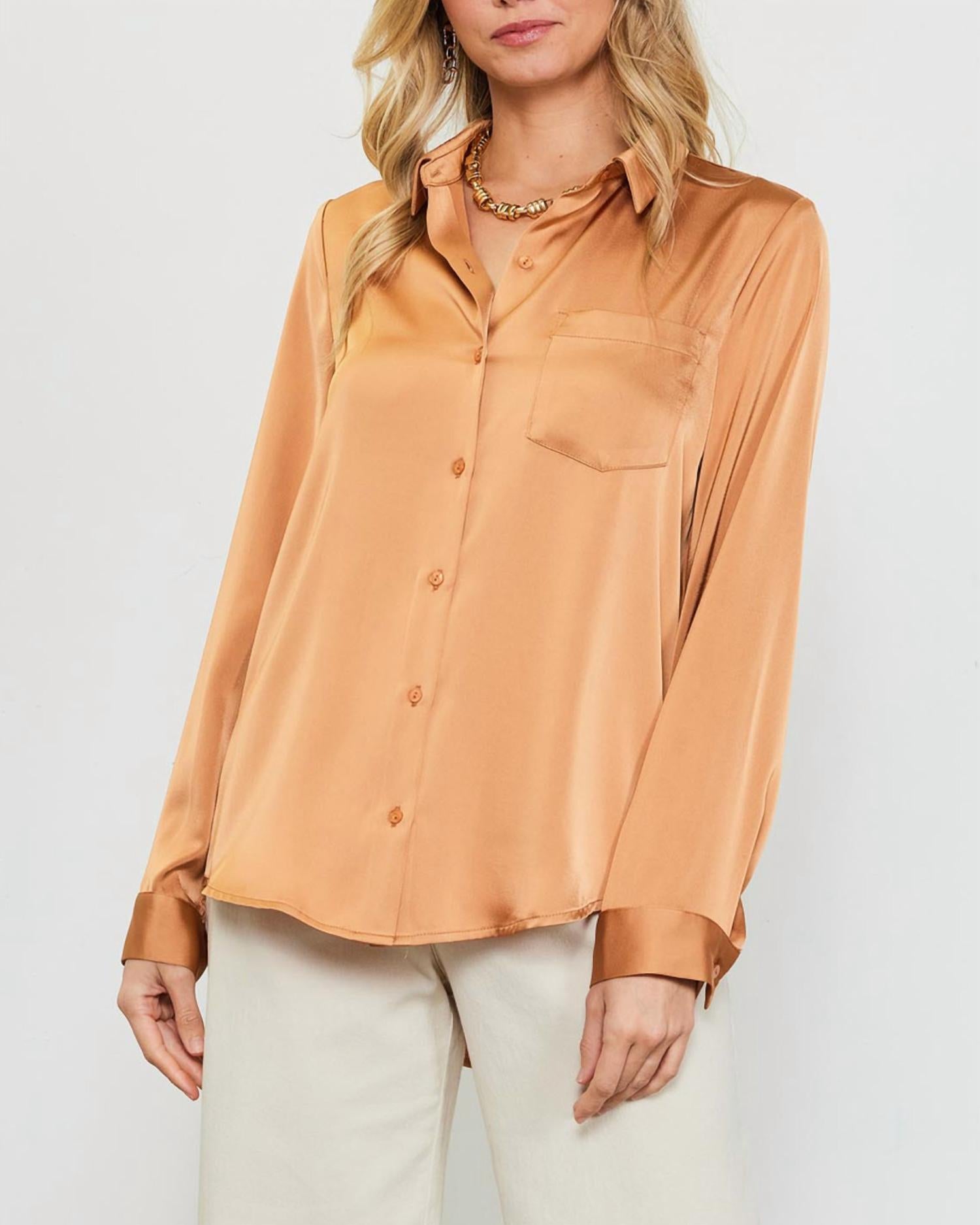 Skies Are Blue - Presidential Satin Button Down Blouse With Pocket