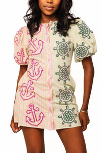 Queen Of Sparkles - Colorblock Plaid Anchor Button Up Poof Sleeve Dress