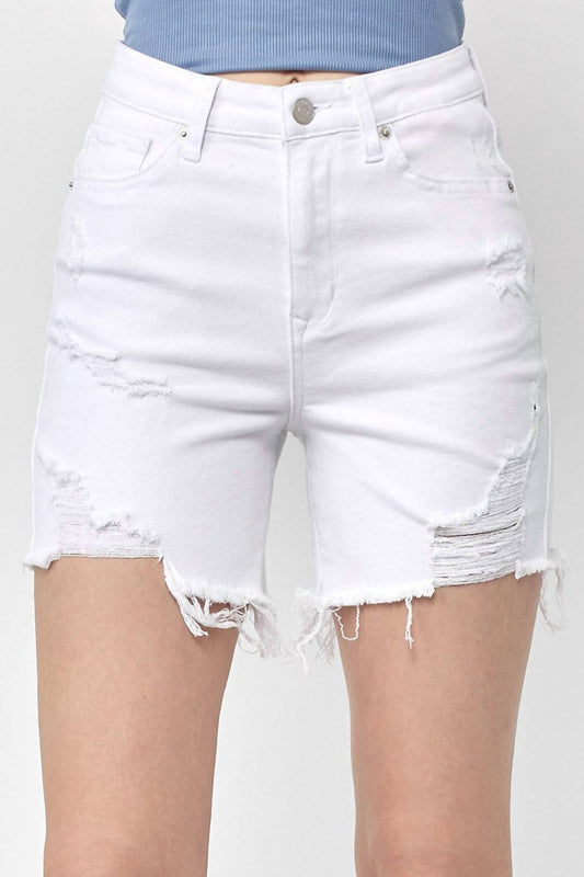 Risen - High Rise Distressed Mid Thigh Shorts