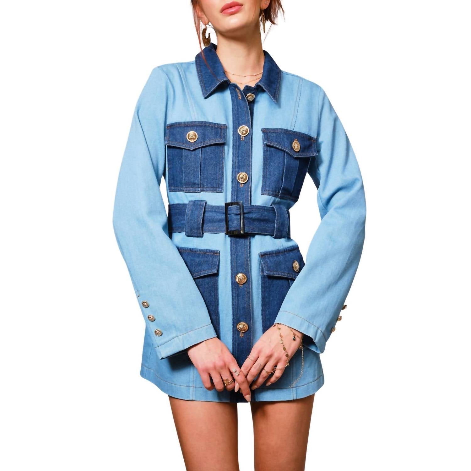 Blue B - Two Tone Belted Denim Twill Dress