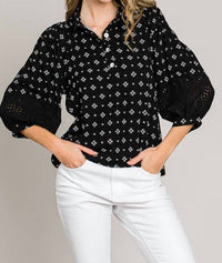 Cerule - Bracelet Sleeve with Embroidered Eyelet Lace Trim Blouse