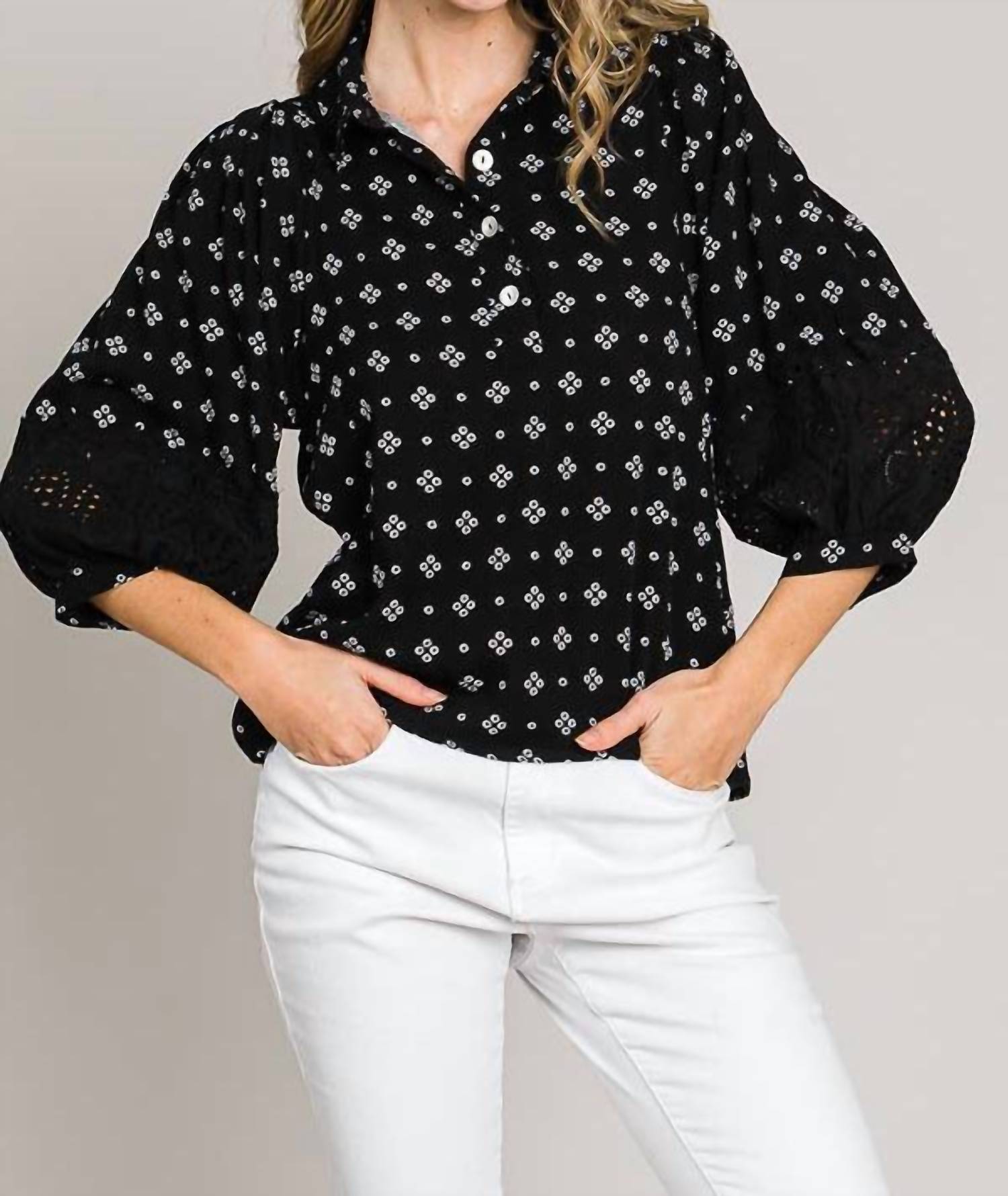 Cerule - Bracelet Sleeve with Embroidered Eyelet Lace Trim Blouse