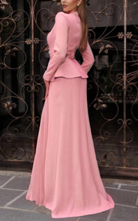 Terani Couture - Terani Couture V-neck Full Sleeves Long Sheath Dress