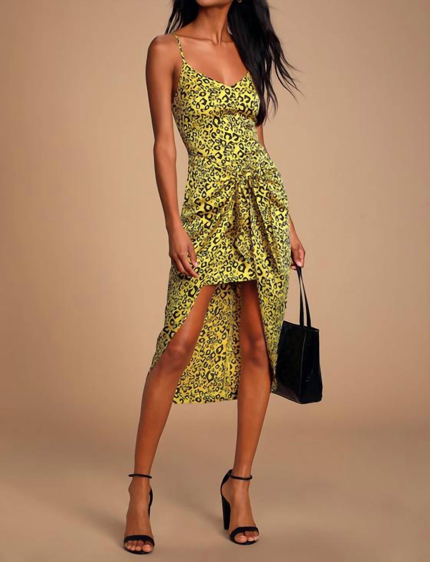 Lulus - Odette Leopard Print Satin Tie-front High-low Dress