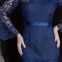JVN Bell Sleeve Lace Evening Dress in navy - women's dress - detail view