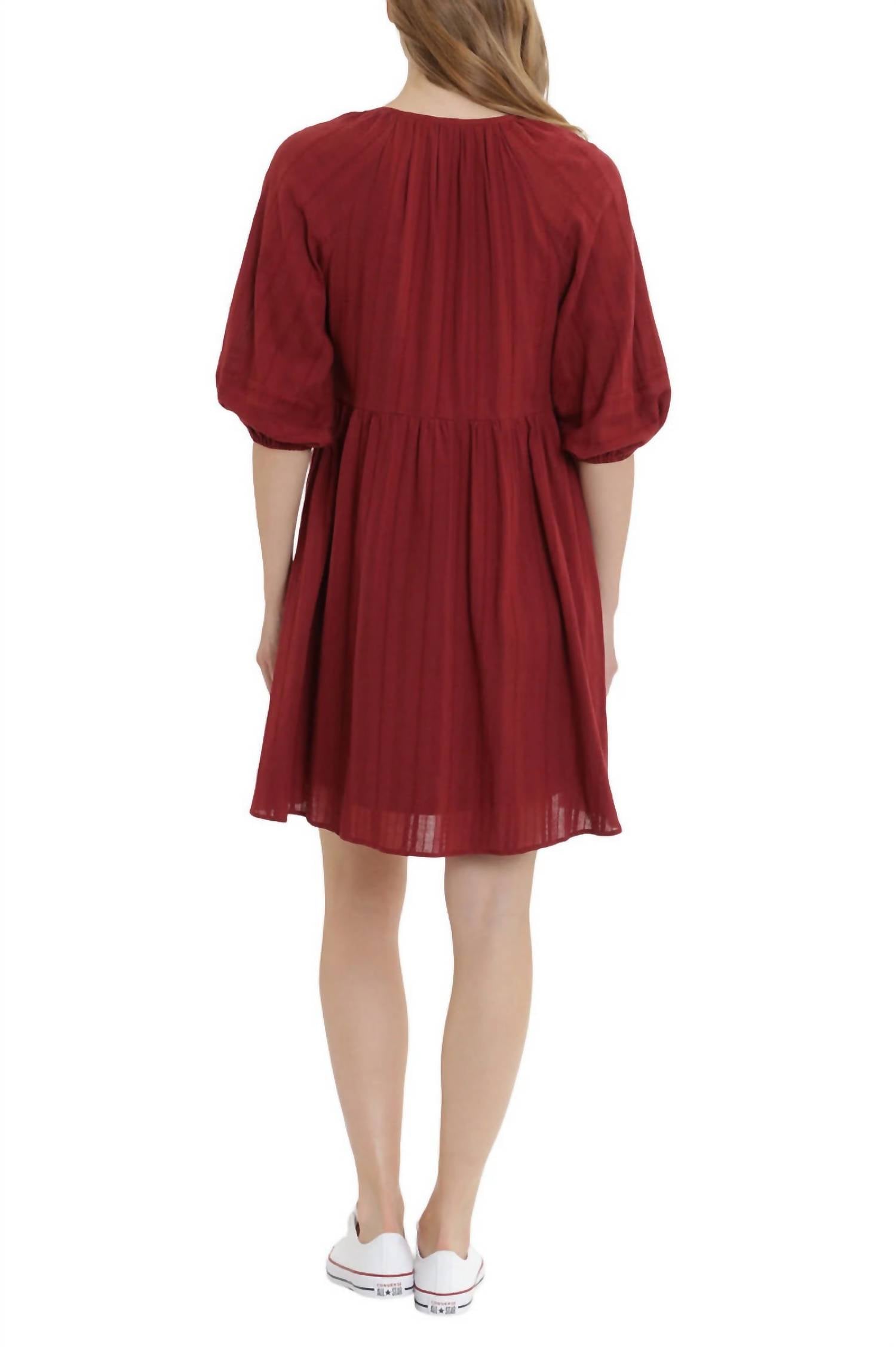 London Times - V-neck With Elastic Hems Short Blouson Cotton Dress