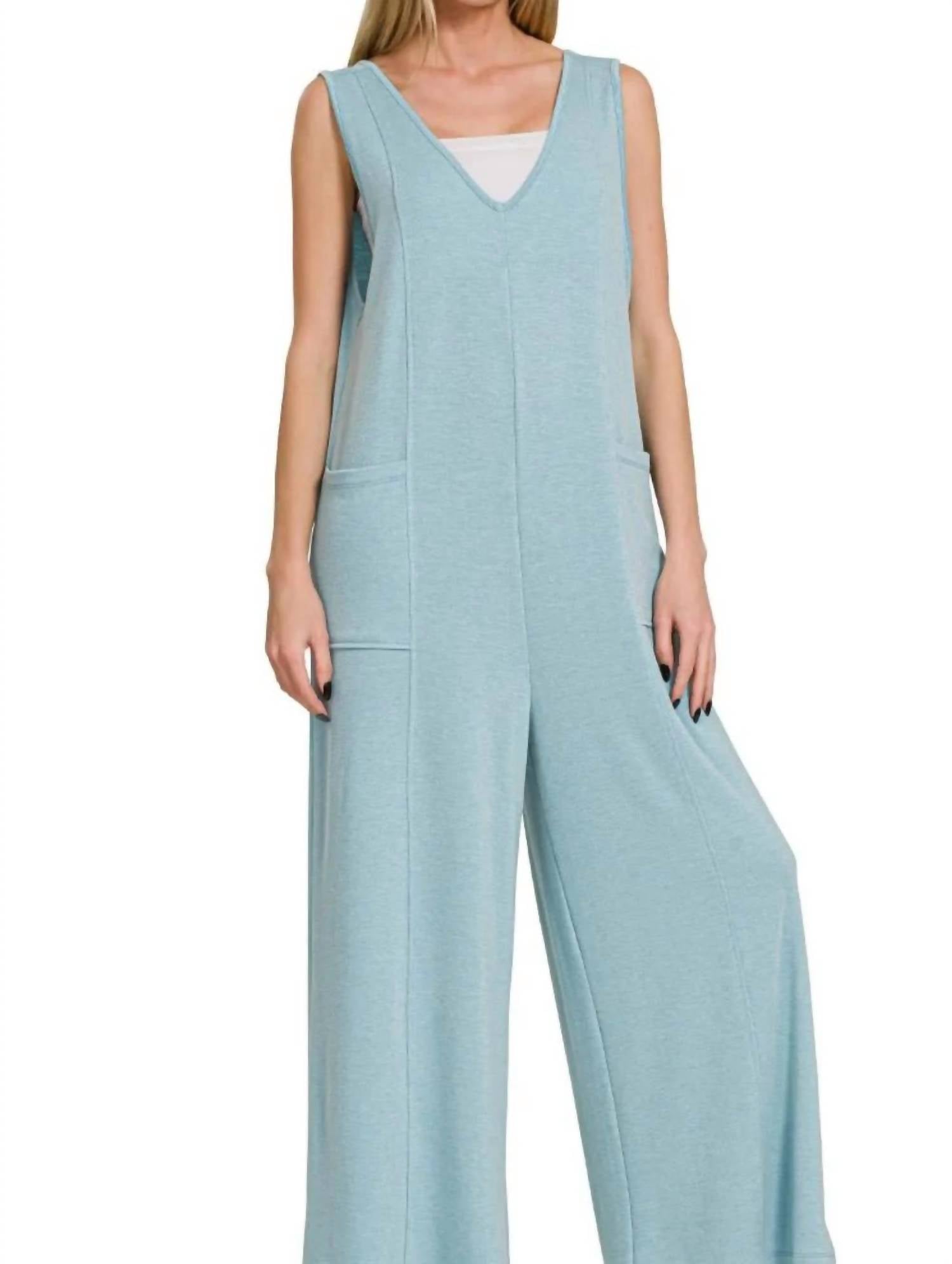 Zenana - French Terry Deep V Neck Jumpsuits