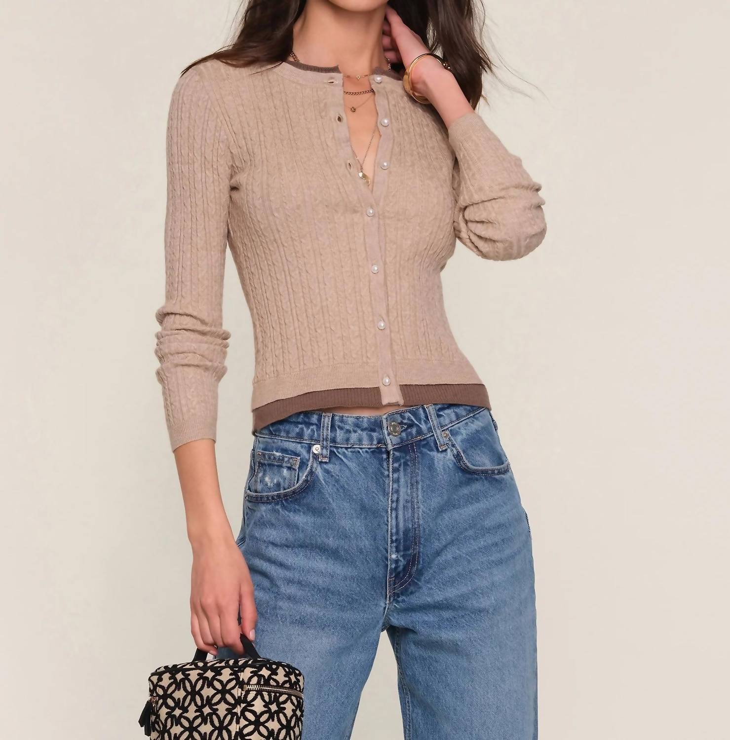 heartloom Loretta Premium Textured Cardigan in wheat - women's cardigan - detail view