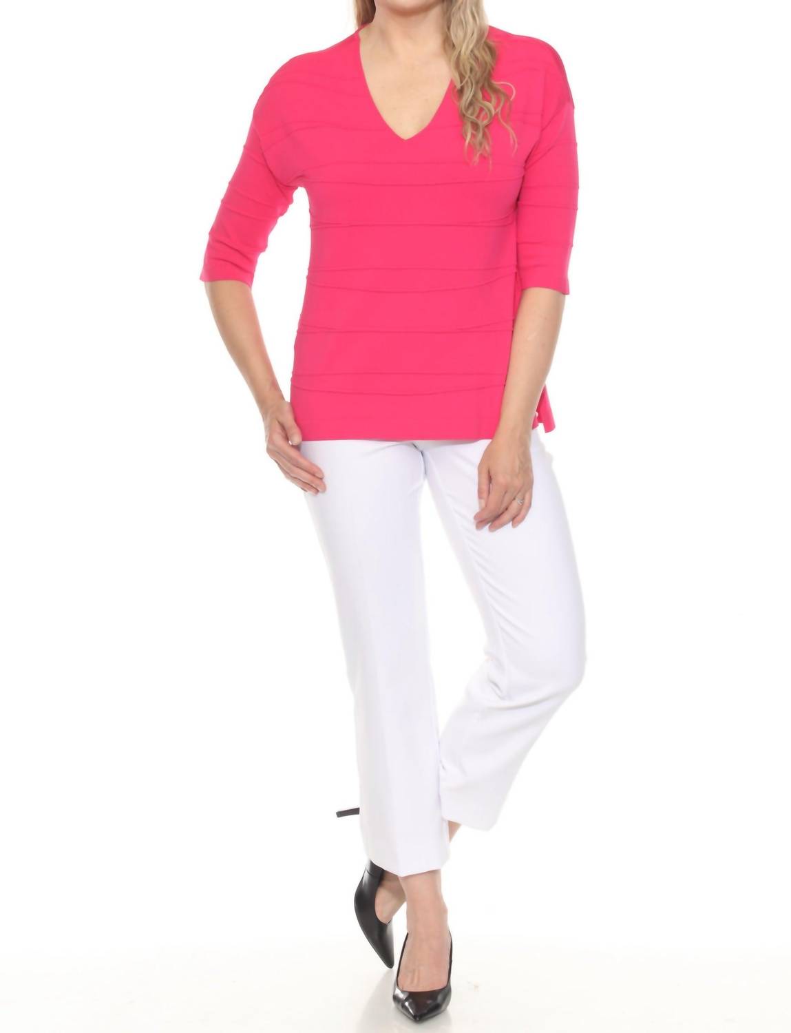 Joseph Ribkoff - Textured Stripe V-neck 3/4 Sleeve Knit Top