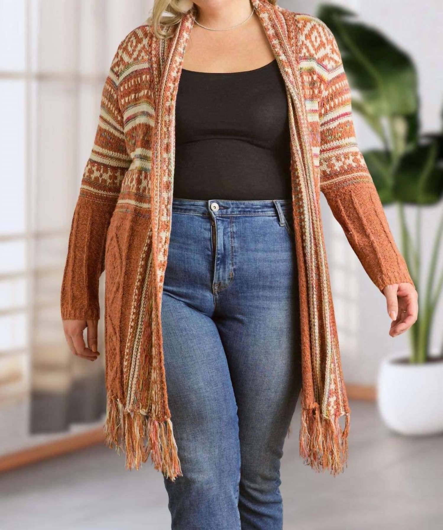 Adora - Maya Fringe Hem Aztec Cardigan -plus