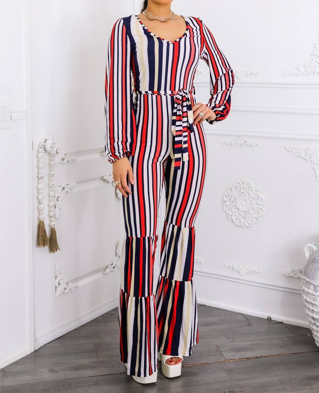 Surelymine - Striped Flare-Leg Jumpsuit with Tie Waist & Long Sleeves