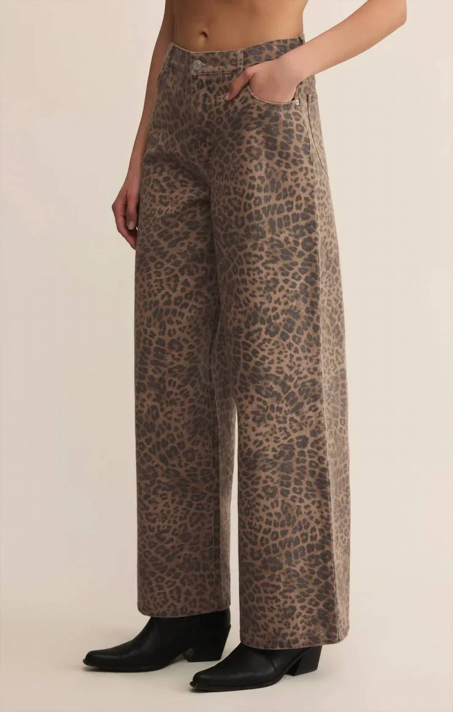 Z Supply Marli Denim Leopard Pant in desert tan 2 - women's jeans - detail view