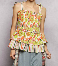 Pol - Shirred Ruffle Adjustable Strap Printed Sleeveless Top