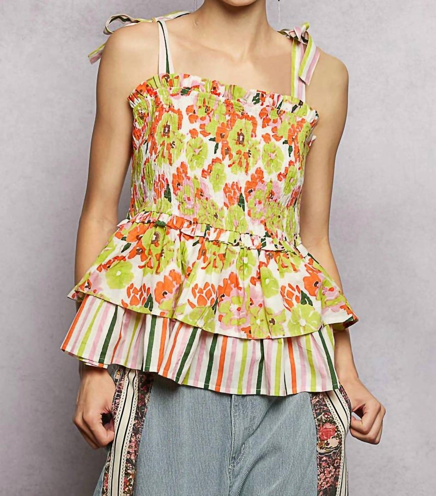 Pol - Shirred Ruffle Adjustable Strap Printed Sleeveless Top