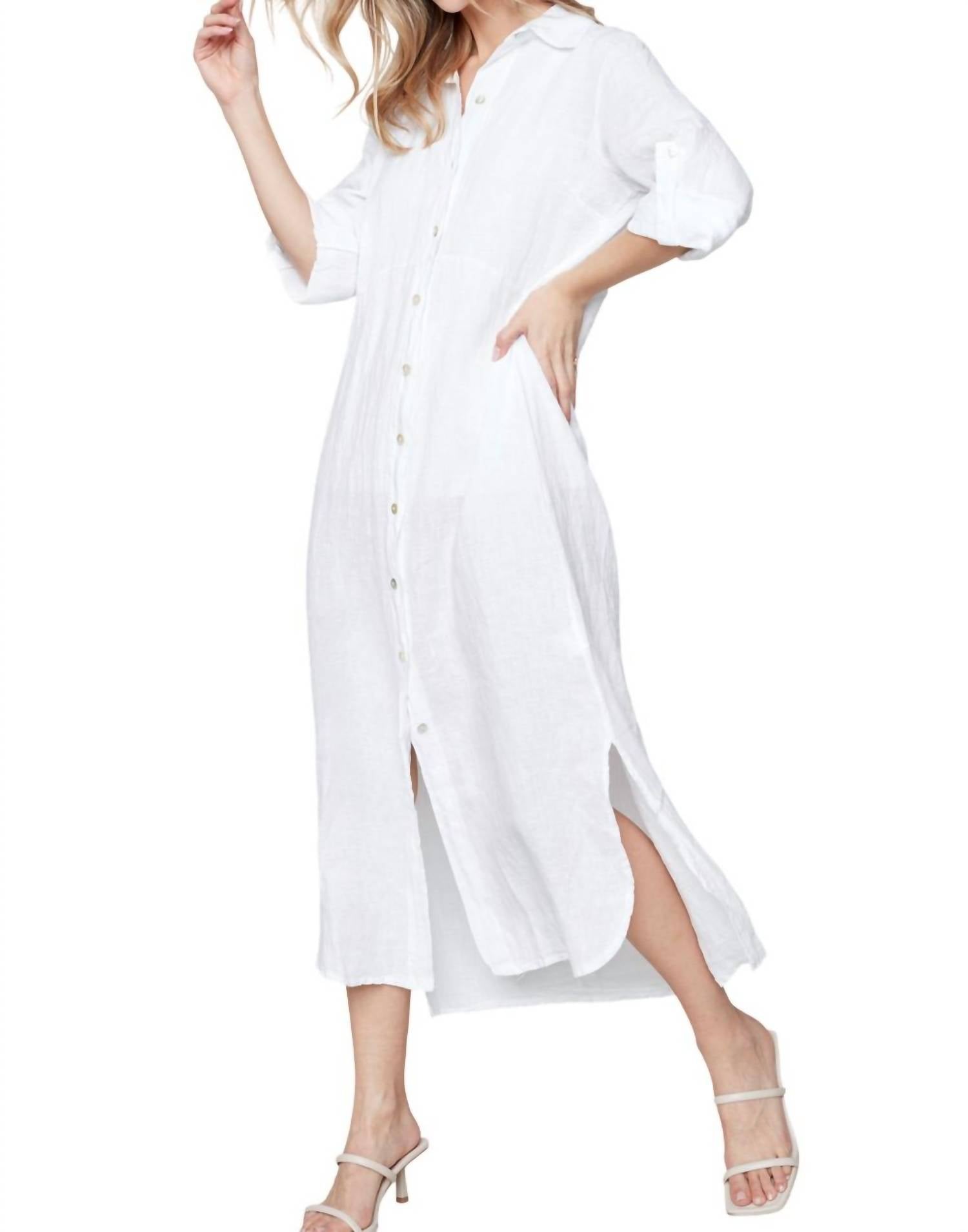 CHARLIE B Linen 3/4 Roll Up Sleeves Button Front Tunic Dress in white - women's dress
