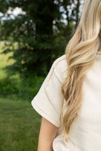 Miss Love Natural Tone Short Sleeve Knitted Top in beige - women's t-shirt - detail view