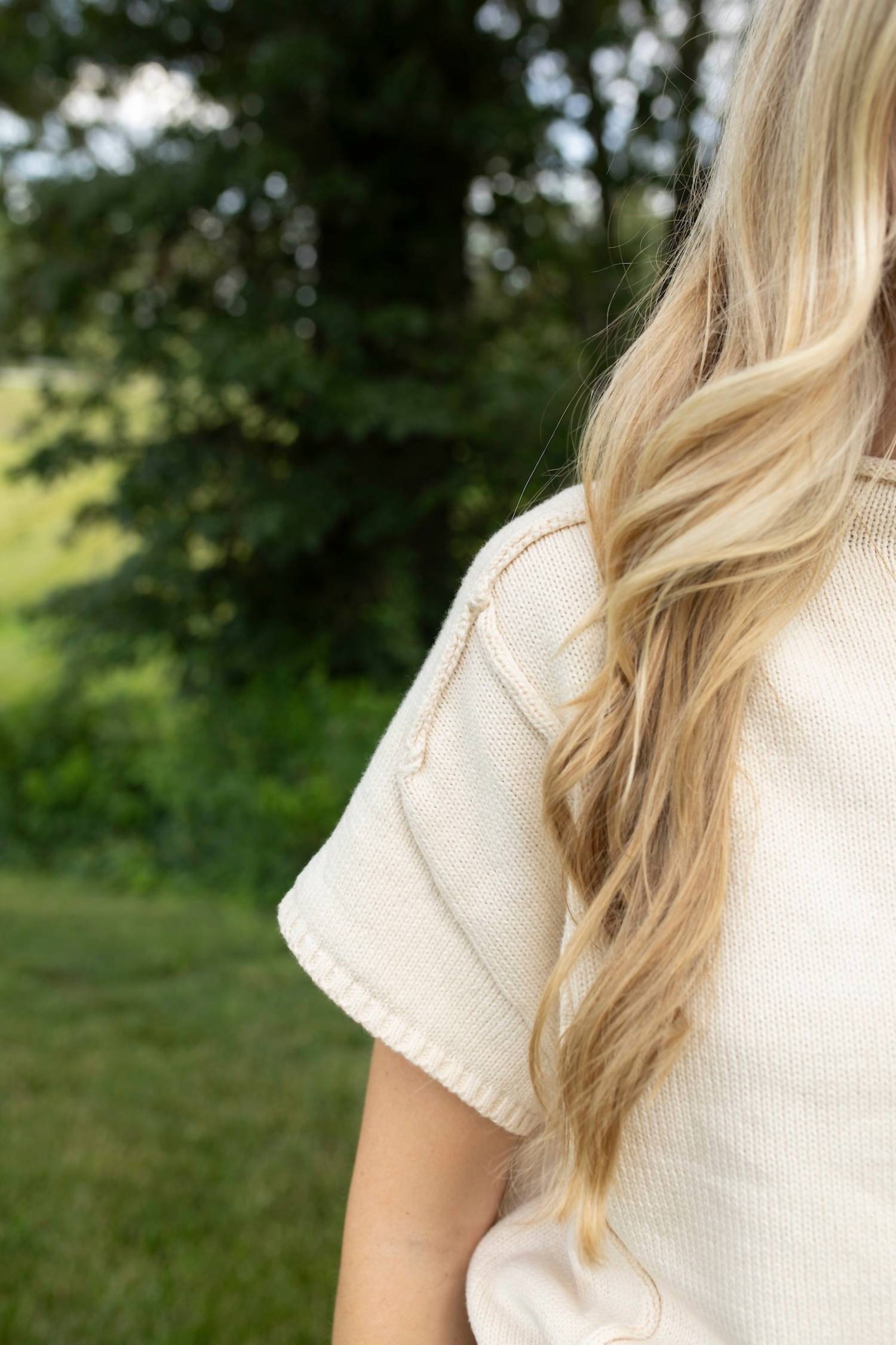Miss Love Natural Tone Short Sleeve Knitted Top in beige - women's t-shirt - detail view