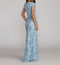 Mac Duggal - Floral Applique Boat Neck Cap Sleeve Gown