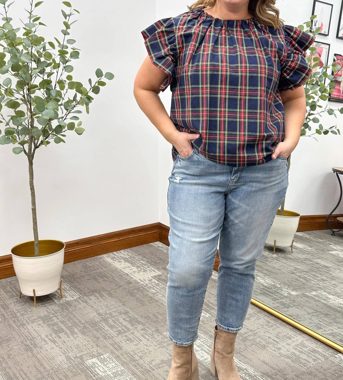 Entro - Plaid Ruffle Sleeve Top