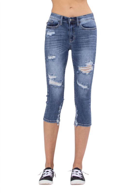 Heavy Sanded Mid-Rise Destroyed Skinny Capri