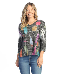 Jess & Jane Frolic Burnout High Low Top in black multi - women's long sleeve top - alternate view