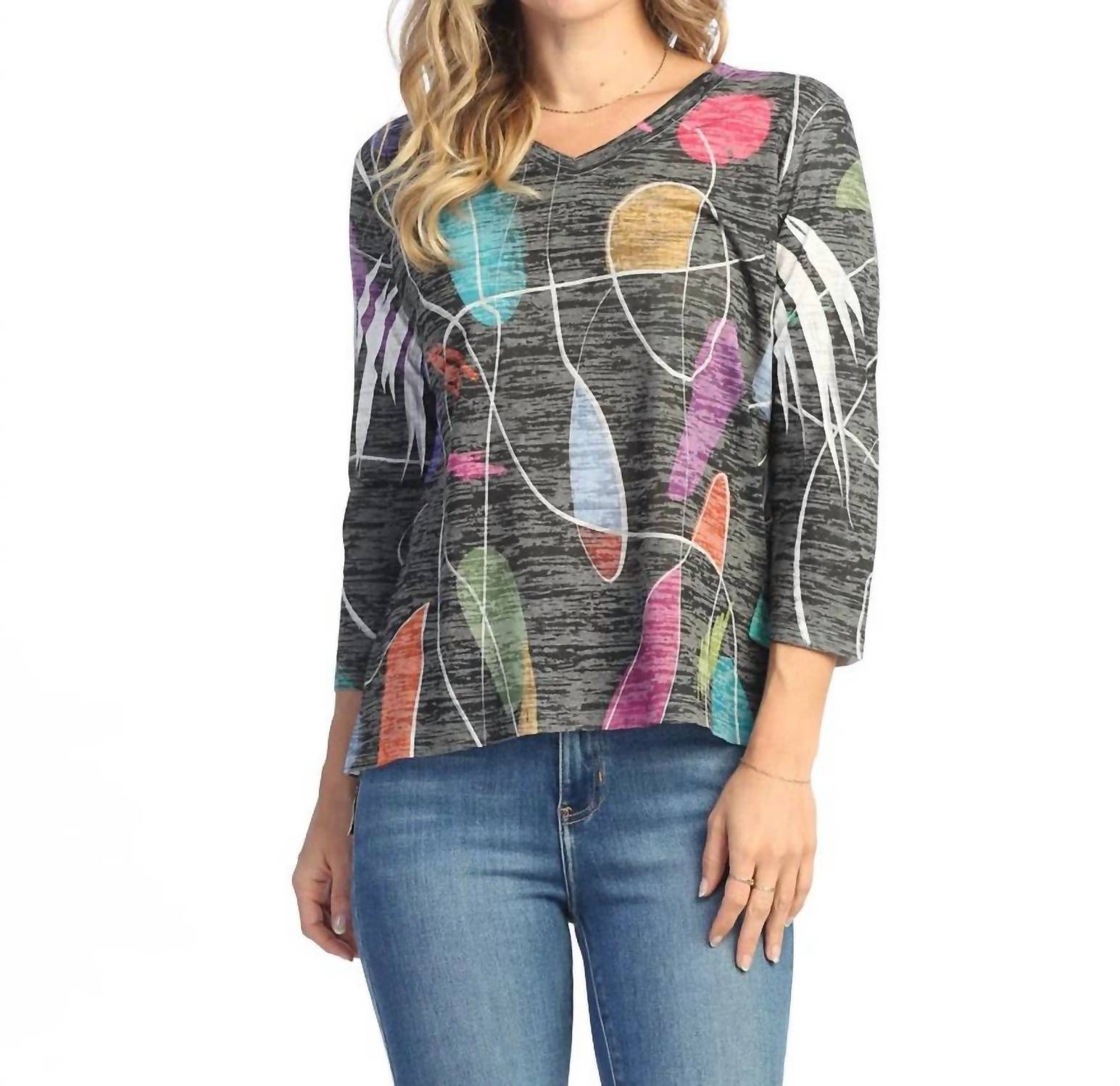 Jess & Jane Frolic Burnout High Low Top in black multi - women's long sleeve top - detail view