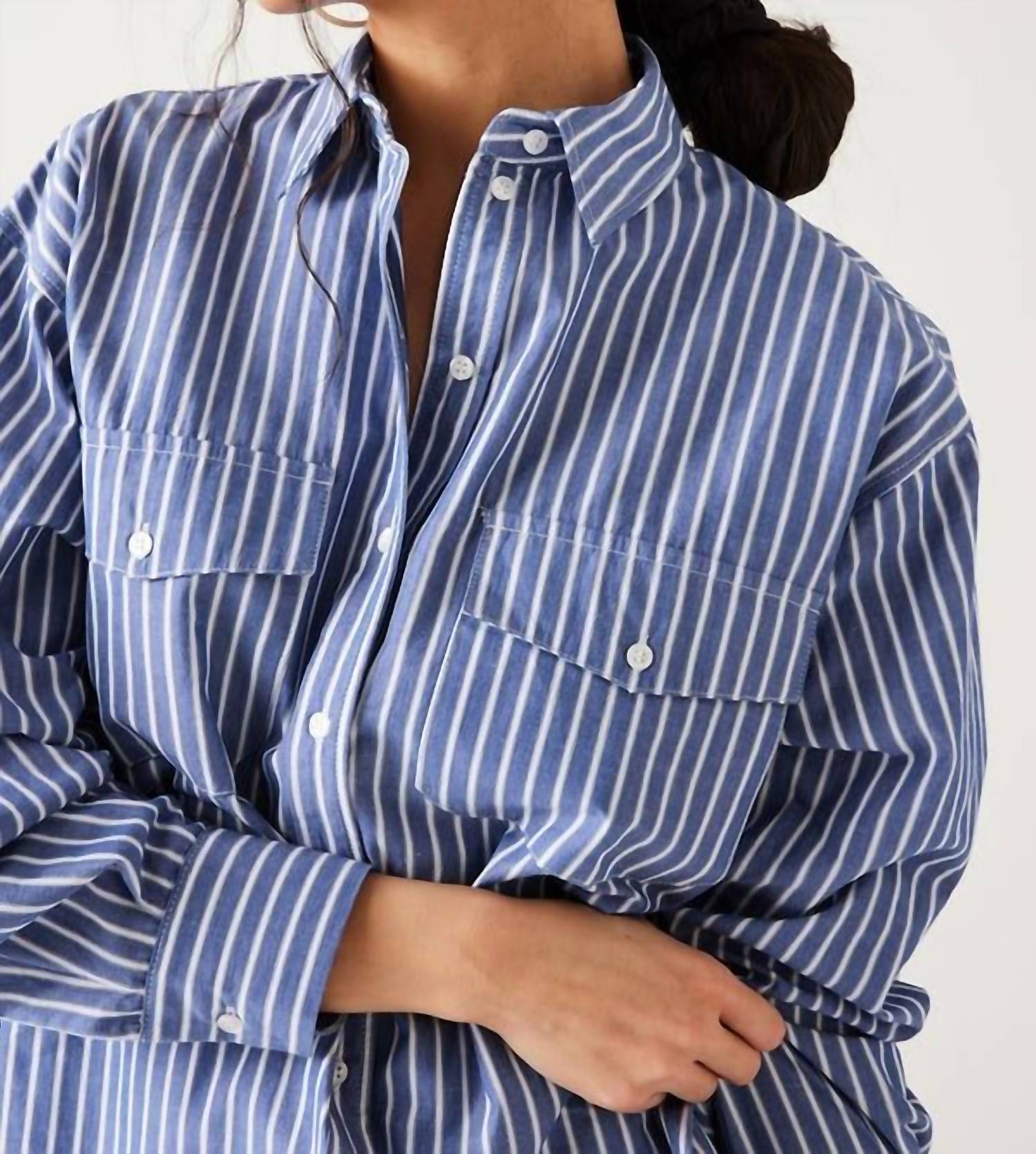 Aaron & Amber Oversized Stripe Shirt in navy white - women's shirt - alternate view