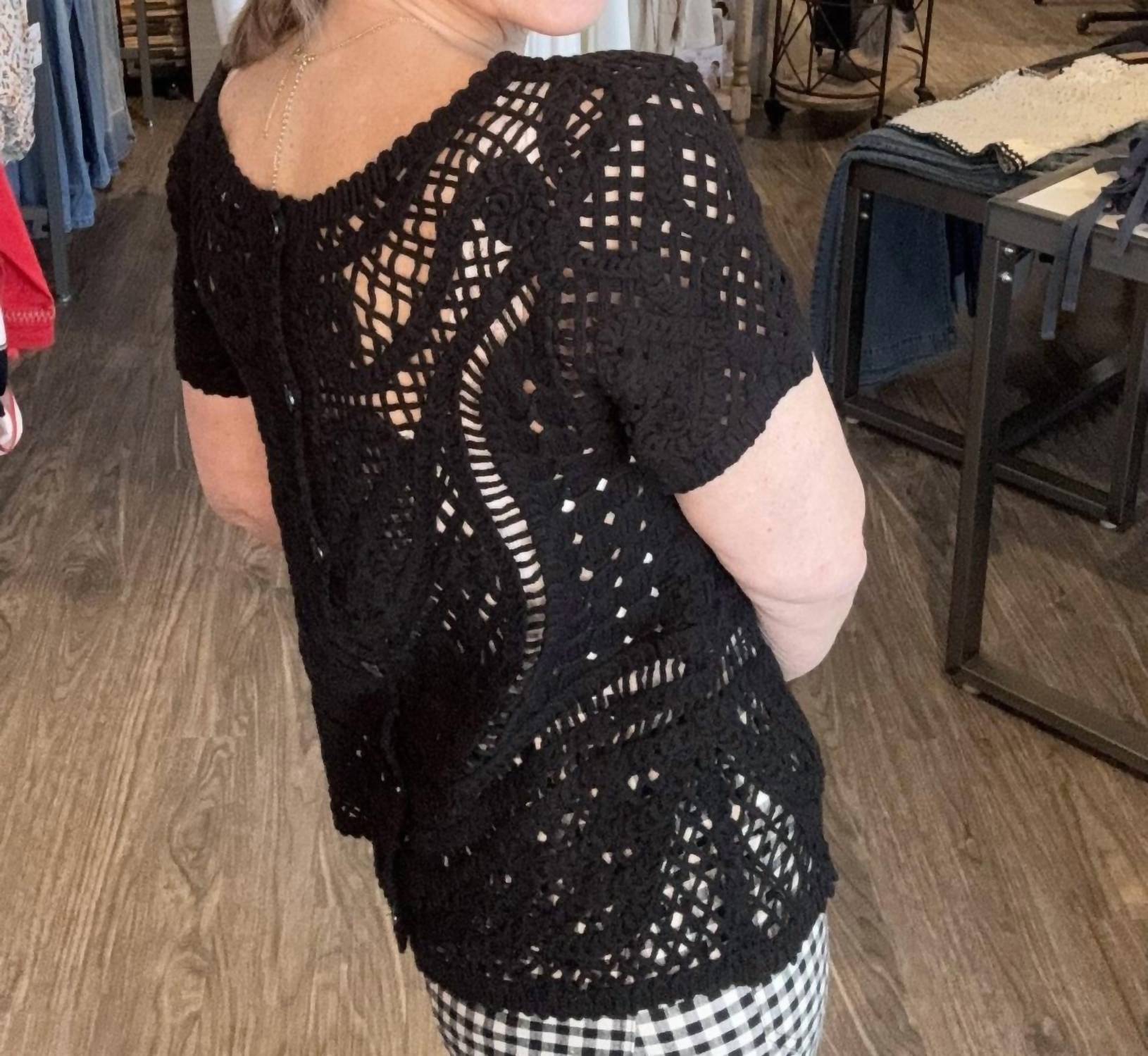 CHARLIE B Short Sleeve Crochet Sweater Top in black - women's blouse - detail view