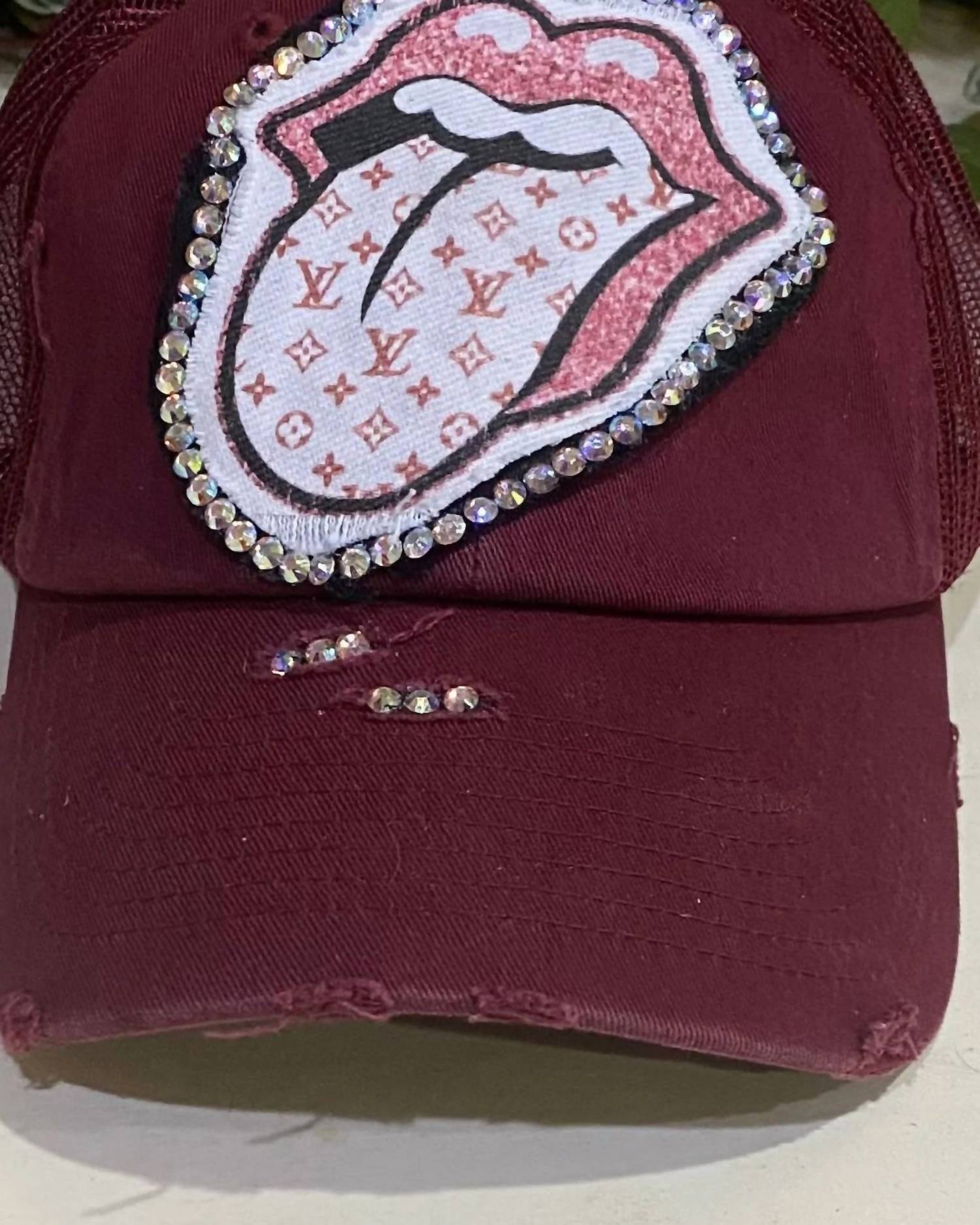 Sweet Texas Treasures - Women's Rhinestone Lips Distressed Trucker Cap