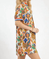 Umgee - Jacquard Abstract Print Ruffled Neck Mini Dress