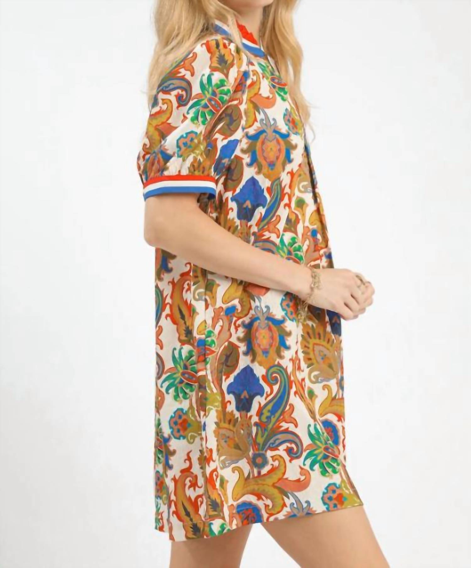 Umgee - Jacquard Abstract Print Ruffled Neck Mini Dress