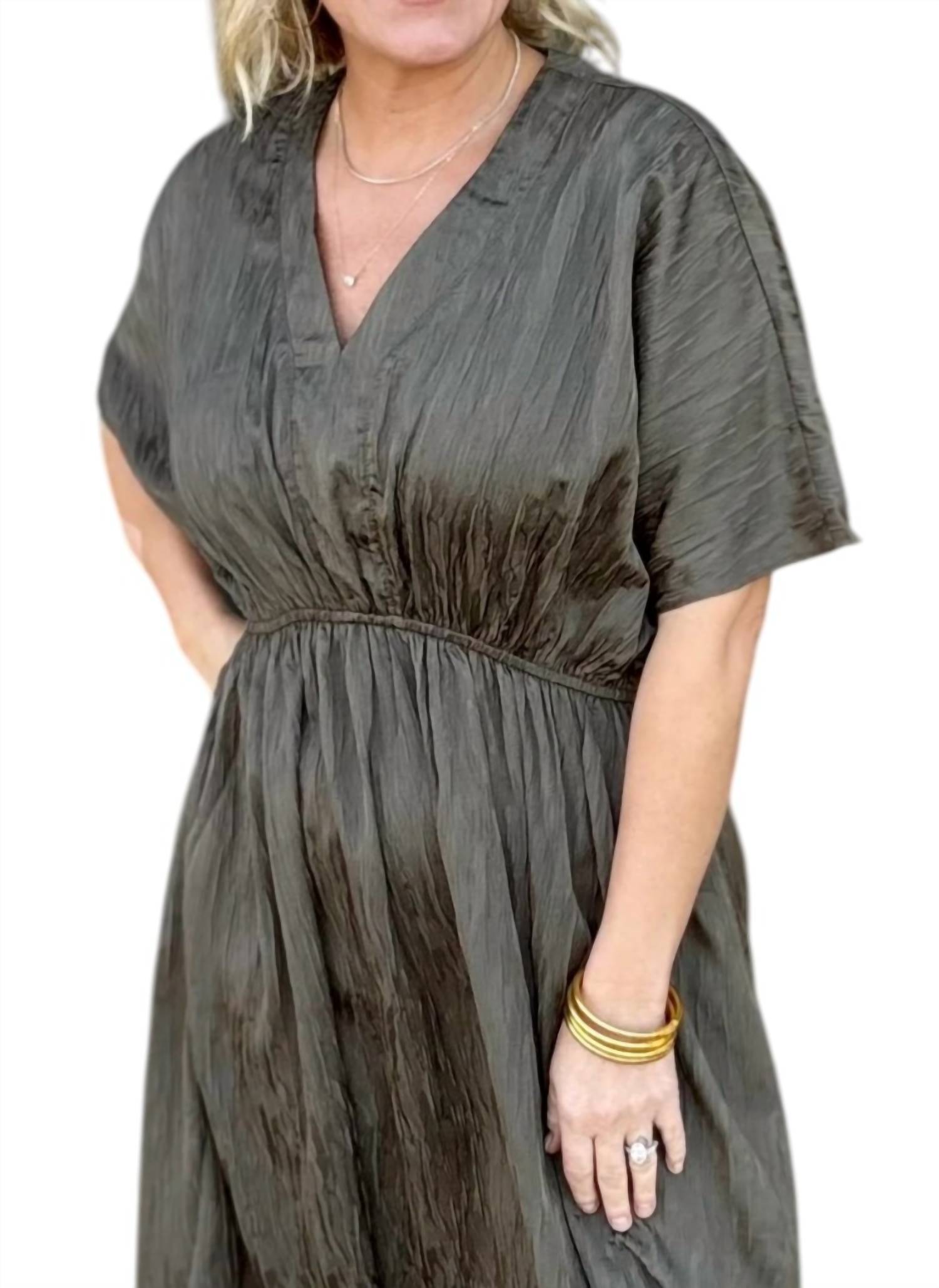 GRADE & GATHER Short Sleeve Batwing Dress in green - women's dress - detail view